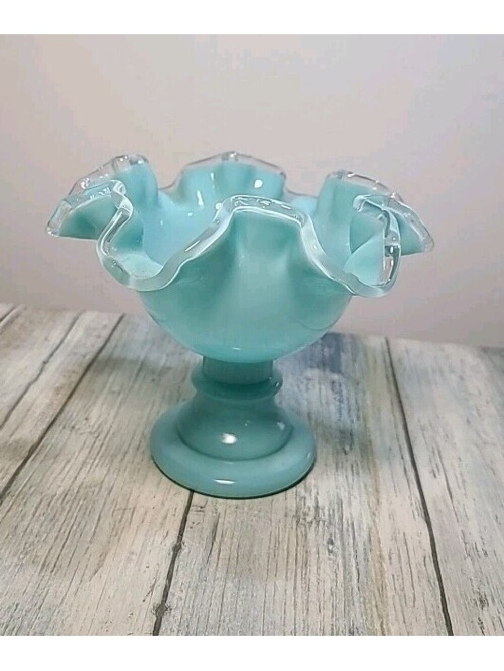 Fenton turquoise (pastel blue/aqua) milk glass compote. Crest. Ruffles 4.5 In